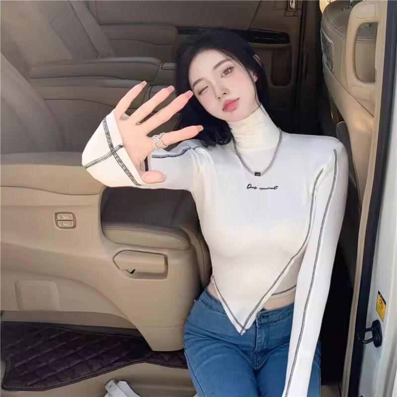 Sexy Fashion T-shirts Women Slim Irregular Crops Design Autumn All-match Inside Soft Femme Hipster Clubwear Casual Turtleneck