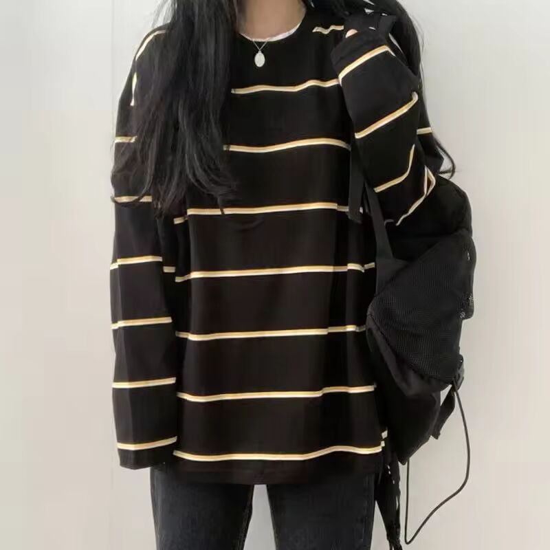 T-shirts Women Students Striped Chic Streetwear Harajuku All-match Prevalent Long Sleeve Teens Top Unisex Camisetas Tender Tees