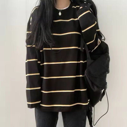 T-shirts Women Students Striped Chic Streetwear Harajuku All-match Prevalent Long Sleeve Teens Top Unisex Camisetas Tender Tees