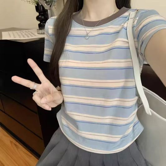 Y2K Goth Kwaii K-fashion Striped T-shirt T shirt Women O-neck Contrasting Color Crop Top Pleated Short Sleeves Tee Tshirt Woman