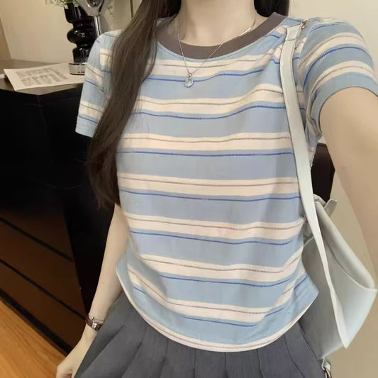Y2K Goth Kwaii K-fashion Striped T-shirt T shirt Women O-neck Contrasting Color Crop Top Pleated Short Sleeves Tee Tshirt Woman